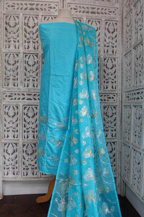 Blue Pure Silk Suit With Embellished Dupatta - New