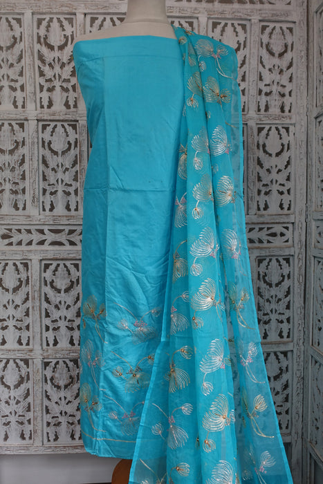 Blue Pure Silk Suit With Embellished Dupatta - New