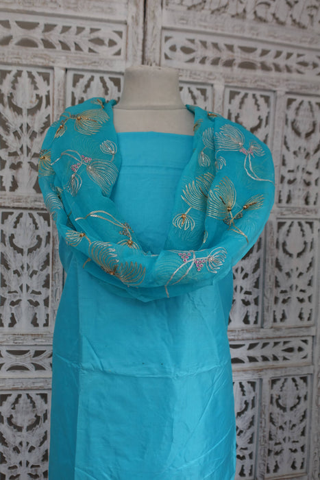 Blue Pure Silk Suit With Embellished Dupatta - New
