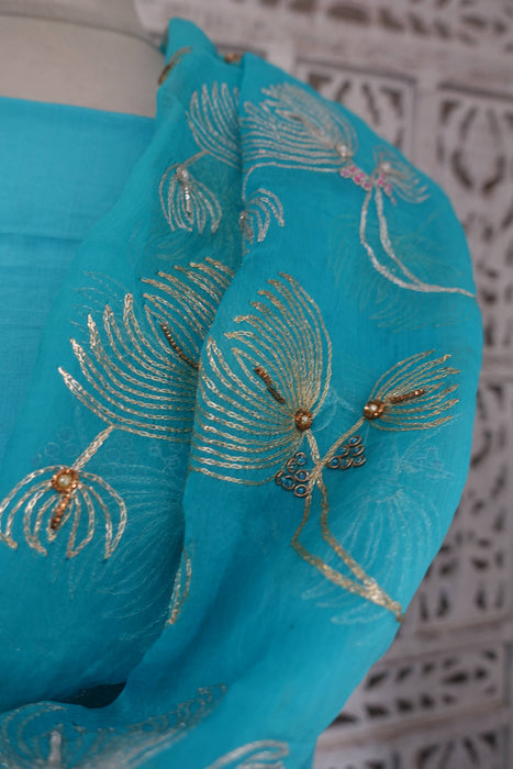 Blue Pure Silk Suit With Embellished Dupatta - New