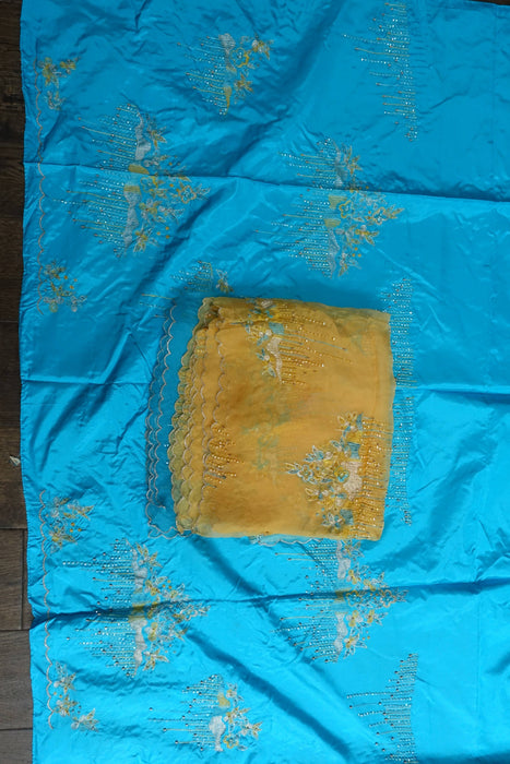 Yellow Kameez And Blue Silk Unstitched Suit - New