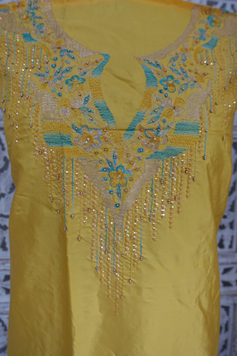 Yellow Kameez And Blue Silk Unstitched Suit - New