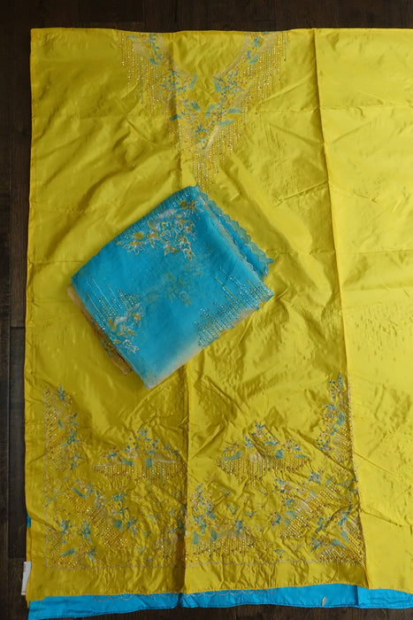 Yellow Kameez And Blue Silk Unstitched Suit - New