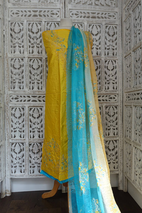 Yellow Kameez And Blue Silk Unstitched Suit - New