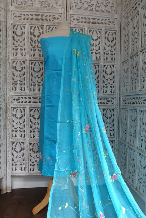 Blue Silk Embroidered Unstitched Suit- New