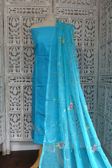 Blue Silk Embroidered Unstitched Suit- New