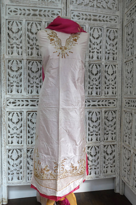 Rose Pink And Cream Vintage Pure Silk Unstitched Suit - New