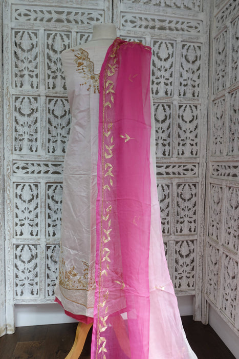 Rose Pink And Cream Vintage Pure Silk Unstitched Suit - New