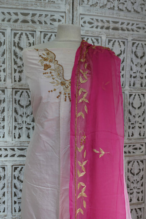 Rose Pink And Cream Vintage Pure Silk Unstitched Suit - New