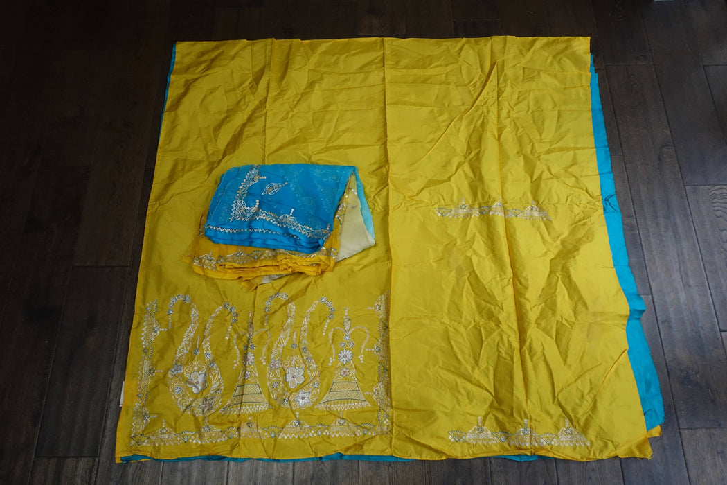 Yellow And Blue Vintage Silk Unstitched Suit- New