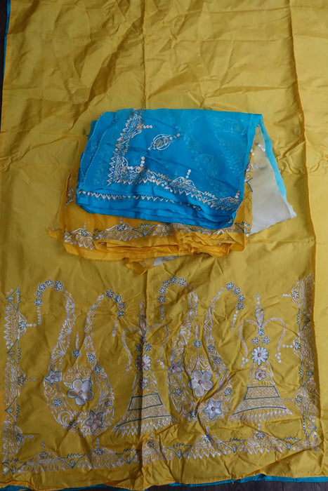Yellow And Blue Vintage Silk Unstitched Suit- New