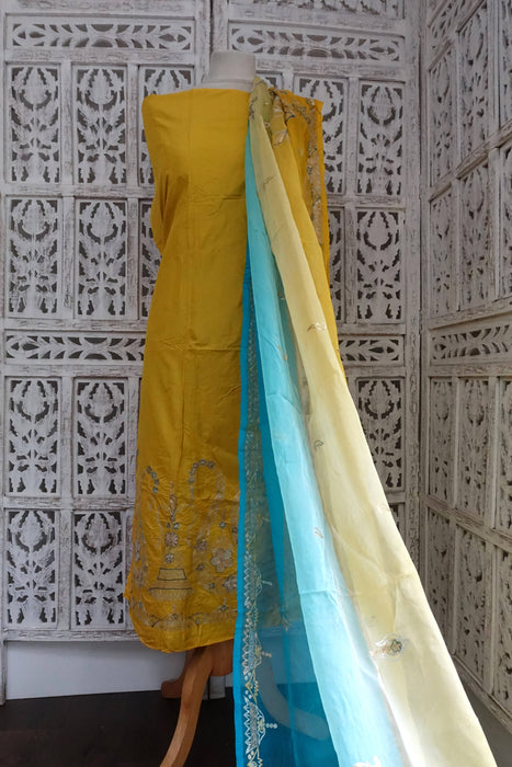 Yellow And Blue Vintage Silk Unstitched Suit- New