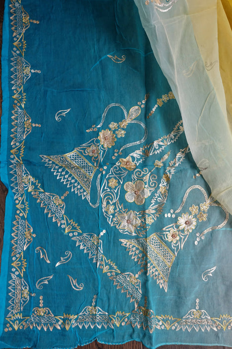 Yellow And Blue Vintage Silk Unstitched Suit- New
