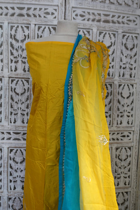 Yellow And Blue Vintage Silk Unstitched Suit- New