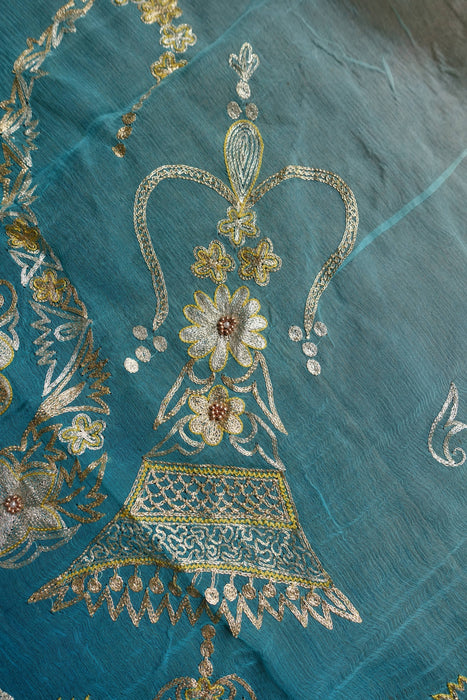 Yellow And Blue Vintage Silk Unstitched Suit- New