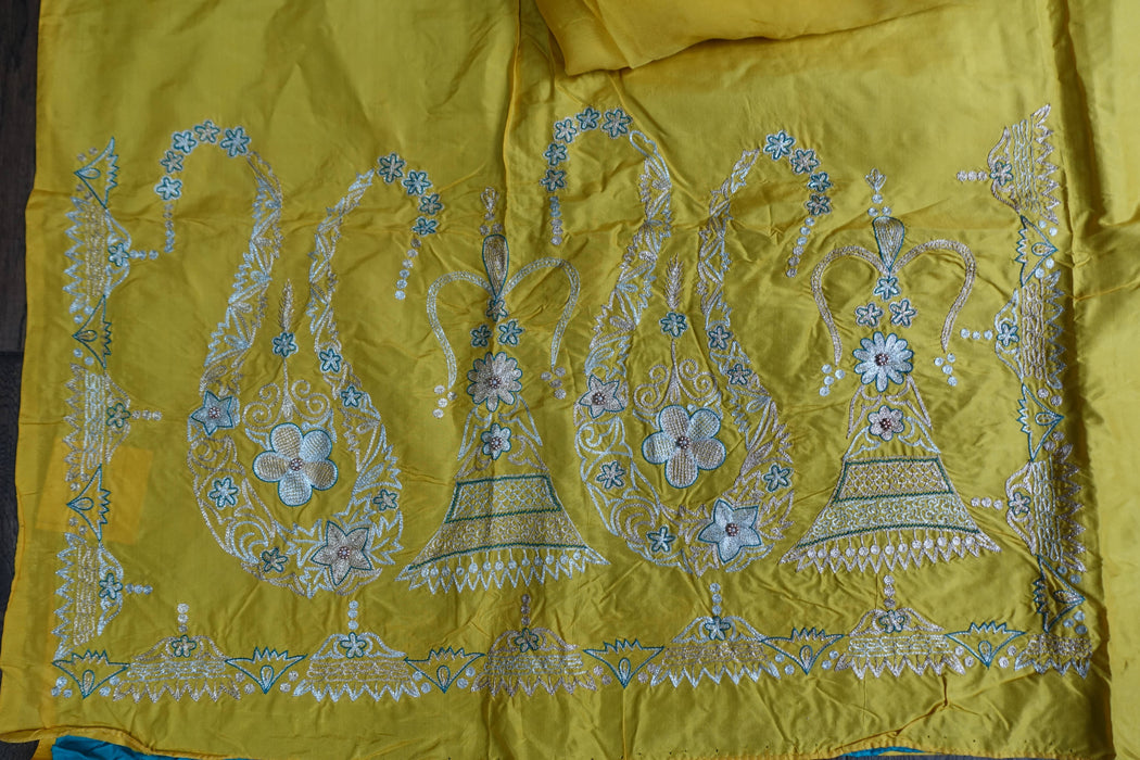 Yellow And Blue Vintage Silk Unstitched Suit- New