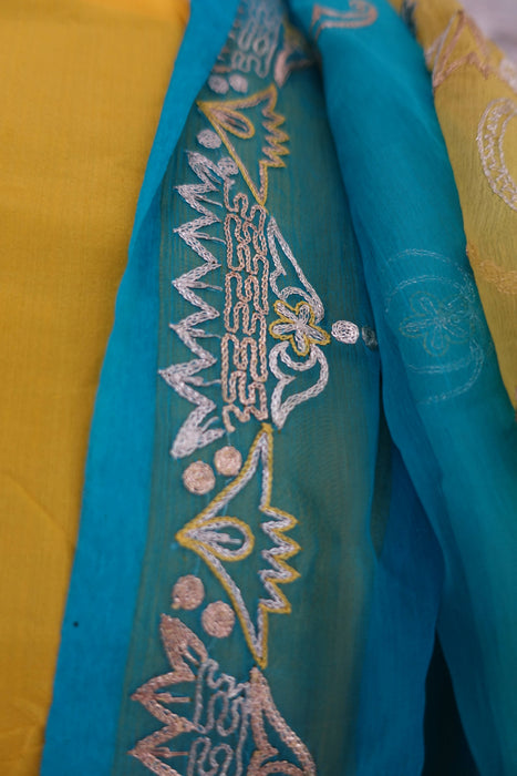 Yellow And Blue Vintage Silk Unstitched Suit- New