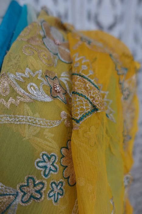 Yellow And Blue Vintage Silk Unstitched Suit- New