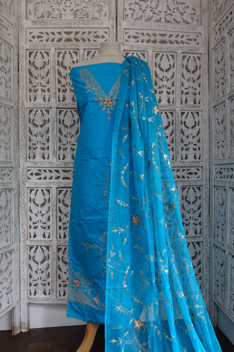 Peacock Blue Silk Vintage Unstitched Suit-  New