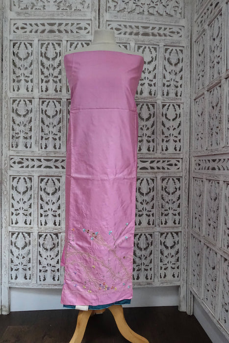 Pink And Blue Vintage Silk Unstitched Suit- New