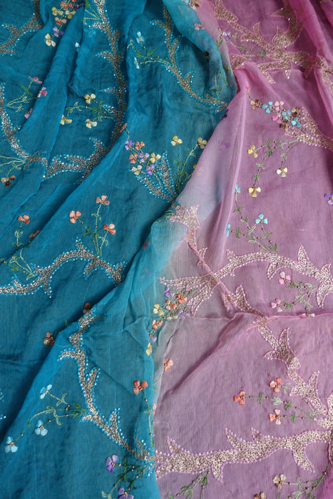 Pink And Blue Vintage Silk Unstitched Suit- New