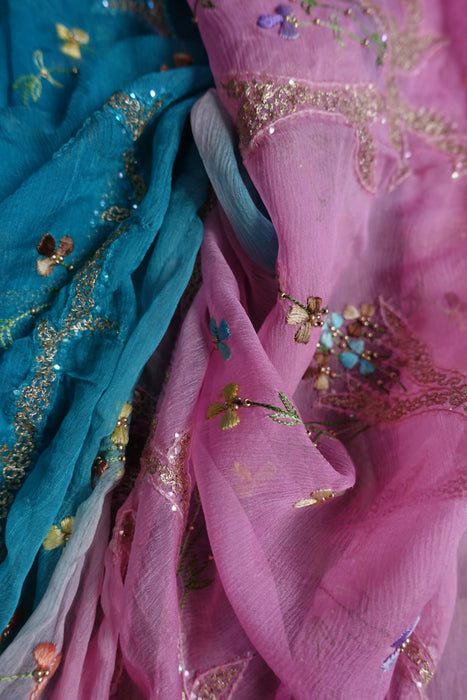 Pink And Blue Vintage Silk Unstitched Suit- New
