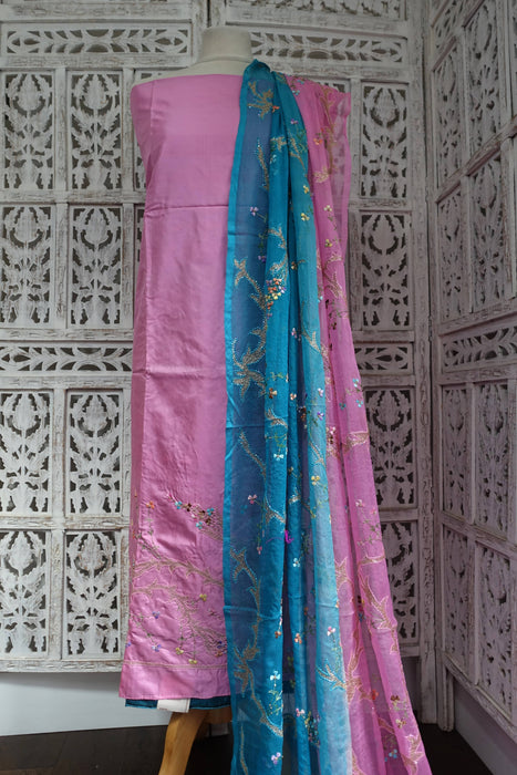 Pink And Blue Vintage Silk Unstitched Suit- New
