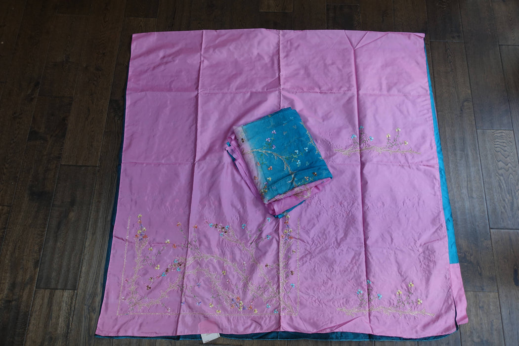 Pink And Blue Vintage Silk Unstitched Suit- New