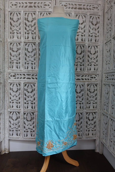 Light Blue And Navy Vintage Silk Unstitched Suit - New