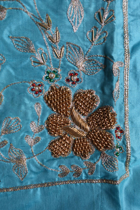 Light Blue And Navy Vintage Silk Unstitched Suit - New