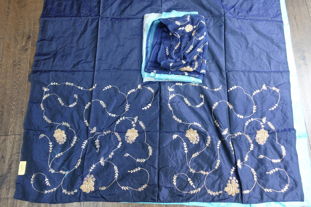 Light Blue And Navy Vintage Silk Unstitched Suit - New