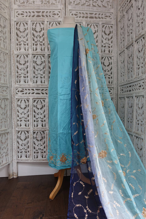 Light Blue And Navy Vintage Silk Unstitched Suit - New