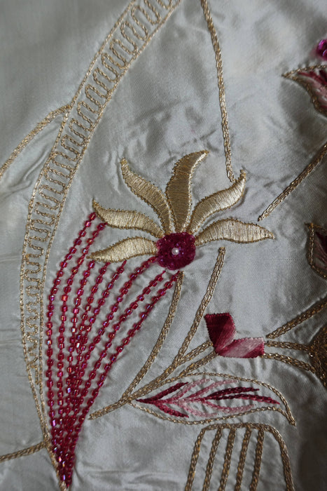 Cream And Maroon Vintage Silk Unstitched Suit - New