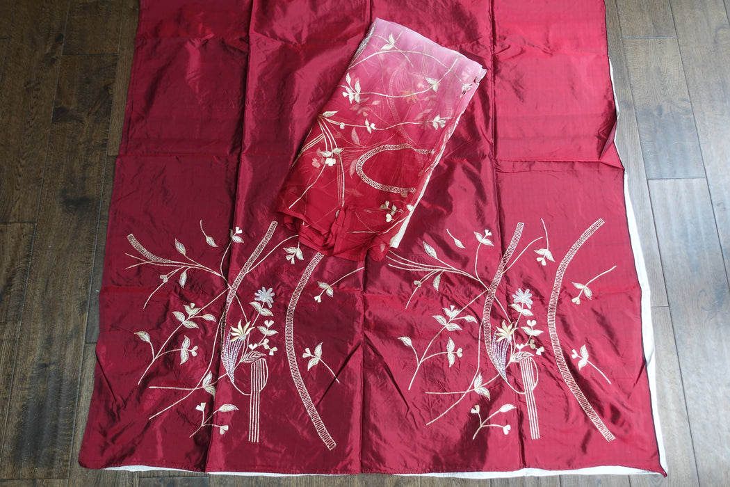 Cream And Maroon Vintage Silk Unstitched Suit - New