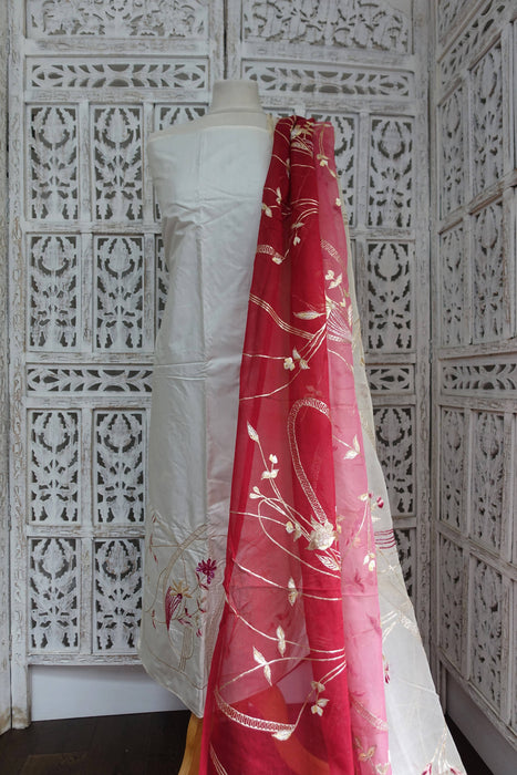 Cream And Maroon Vintage Silk Unstitched Suit - New