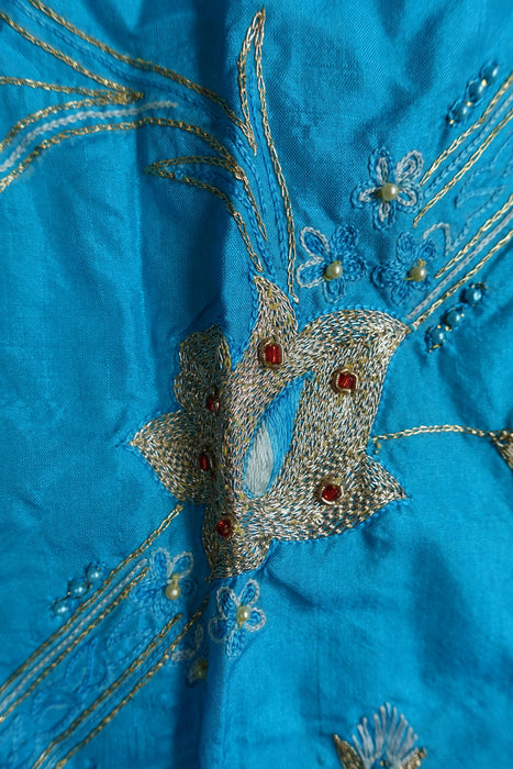 Cream And Blue Silk Vintage Unstitched Suit - New