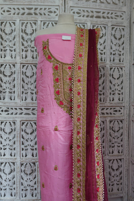 Pink And Plum Chanderi Silk Suit With Matching Dupatta - New