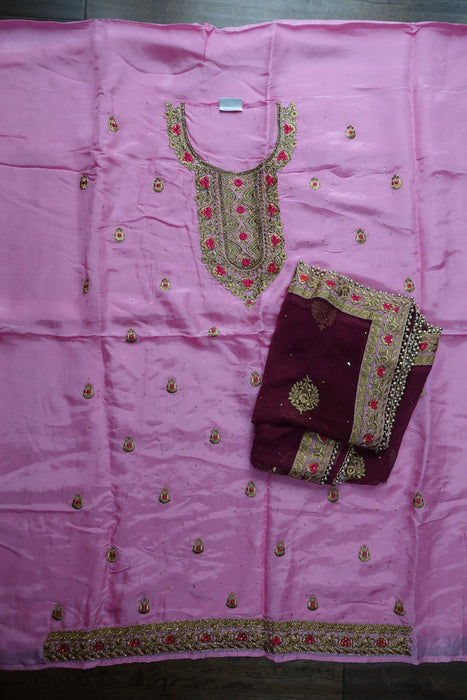 Pink And Plum Chanderi Silk Suit With Matching Dupatta - New