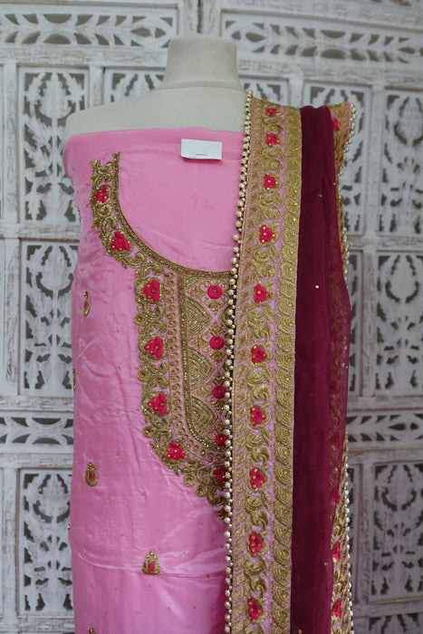 Pink And Plum Chanderi Silk Suit With Matching Dupatta - New