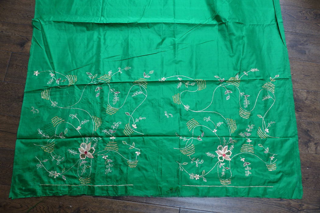 Emerald Green Vintage Pure Silk Embroidered Fabric - New