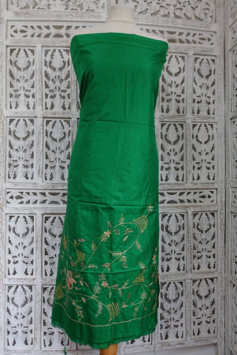 Emerald Green Vintage Pure Silk Embroidered Fabric - New