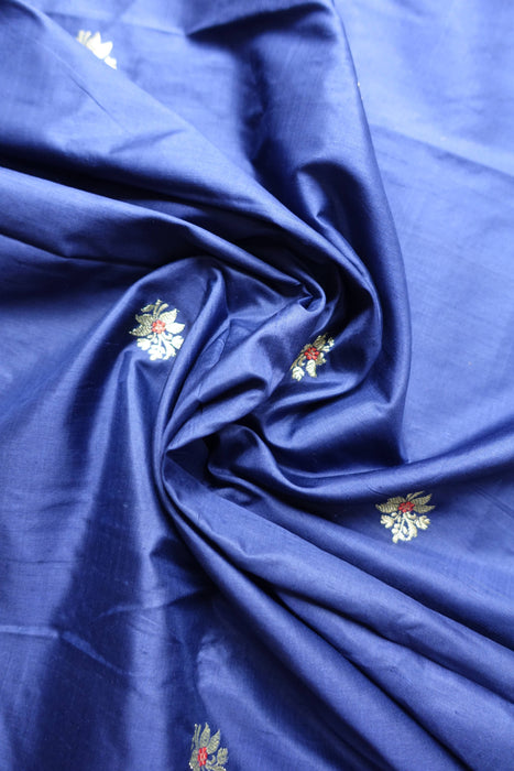 Blue Banarsi Motif Pure Vintage Silk Fabric - 2-3 Metres