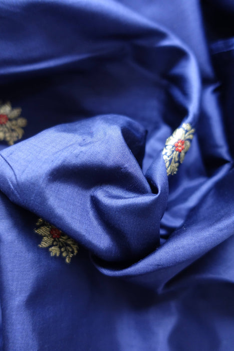 Blue Banarsi Motif Pure Vintage Silk Fabric - 2-3 Metres