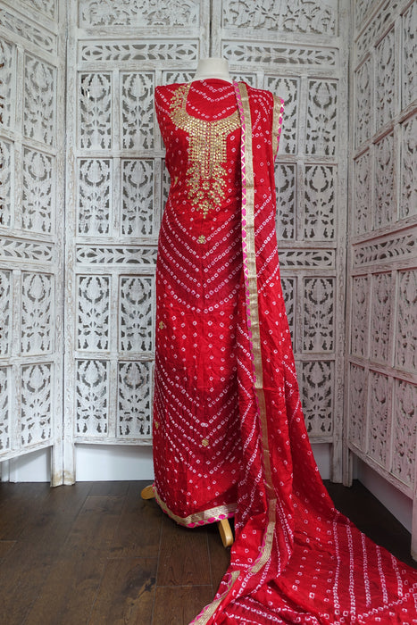 Red Bandhani Print Gota Worked Suit - New