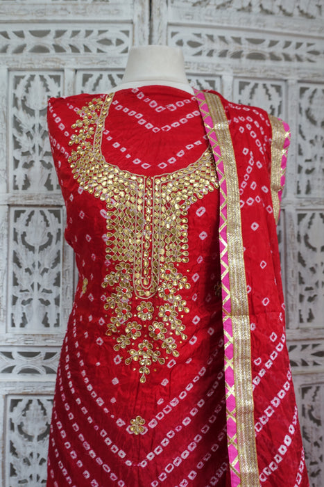 Red Bandhani Print Gota Worked Suit - New
