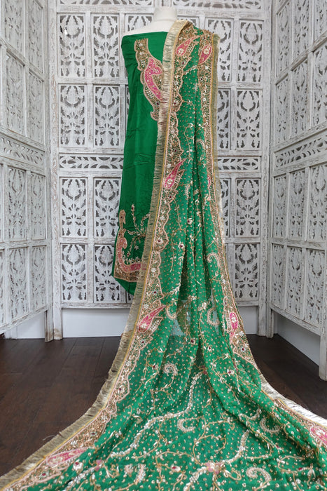 Green Vintage Silk Unstitched Suit With Dupatta - New