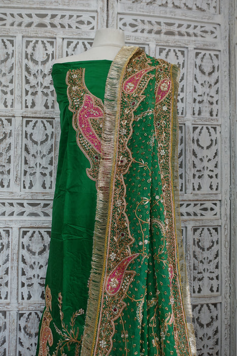 Green Vintage Silk Unstitched Suit With Dupatta - New