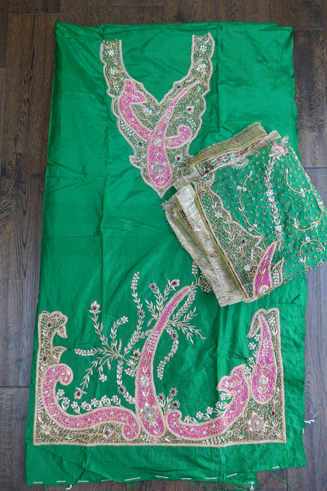 Green Vintage Silk Unstitched Suit With Dupatta - New