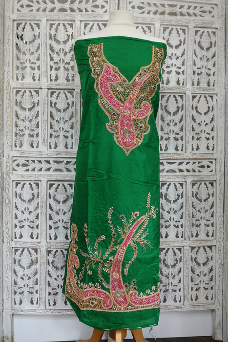 Green Vintage Silk Unstitched Suit With Dupatta - New