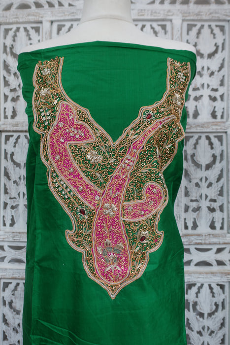 Green Vintage Silk Unstitched Suit With Dupatta - New